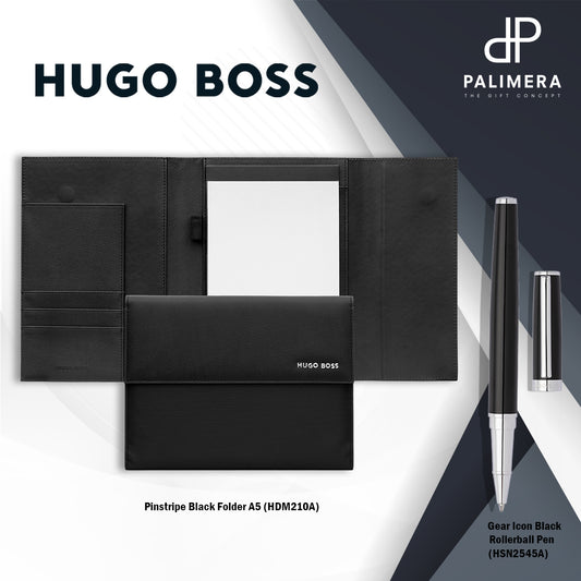 Hugo Boss Pen Set Pen Gear Icon Black (HSN2545A) & Pinstripe Black A5 Folder (HDM210A)