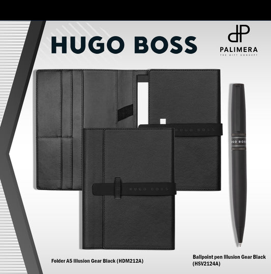 Hugo Boss Pen Set Illusion Gear Black A5 Folder & Illusion Gear Black (HPBM212A)